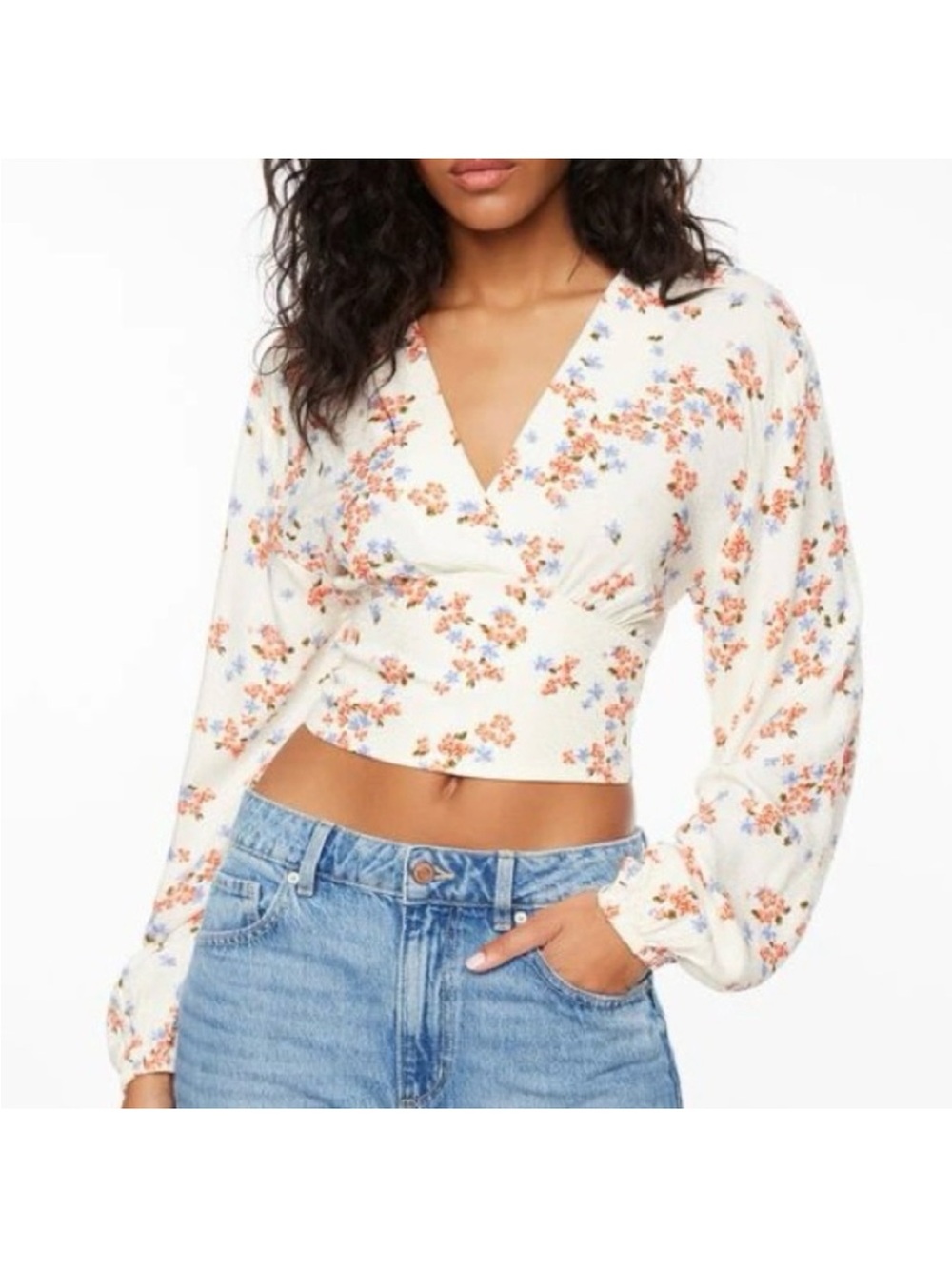 Dynamite Floral Wrap Crop Top - Cream and Orange